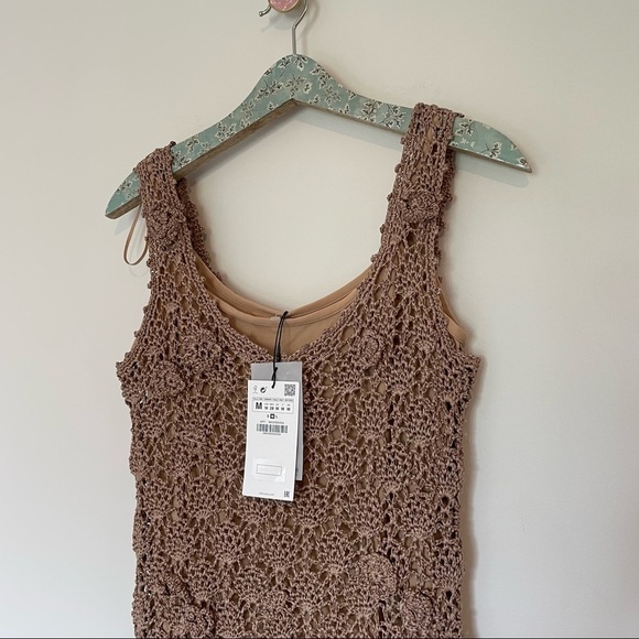 NWT Zara Tan Handcrafted Crochet Maxi Dress - Picture 2 of 6